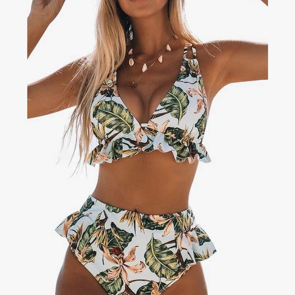Leaf-Print Ruffle High-Waist Bikini Set - White/Green